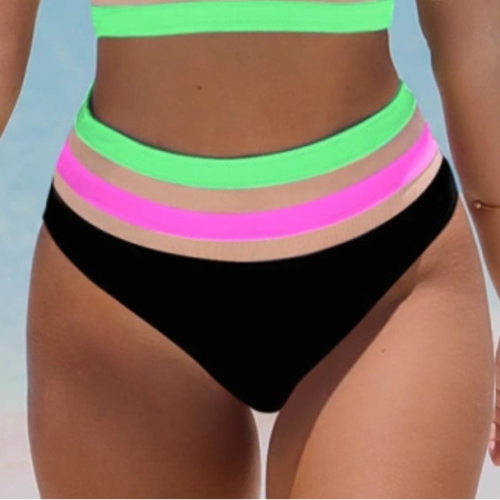 Popvil Color Block Mesh See-through Black Bikini Bottom New With Tags Neon